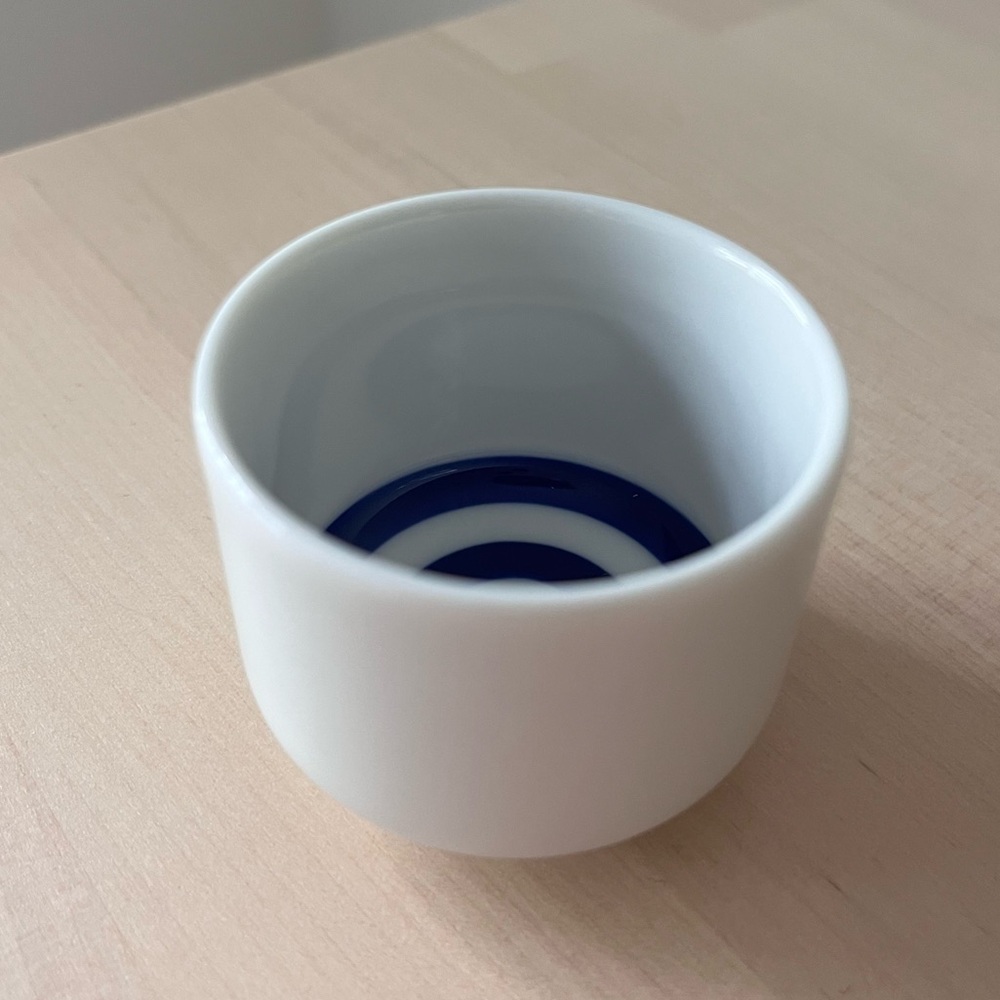 Japanese ceramic sake set in natural wood case.